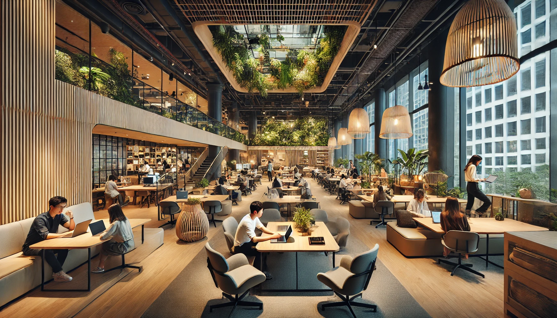 DALL·E 2024 12 09 16.33.27 A bustling coworking space in Singapore featuring a mix of open work areas private pods and a central communal lounge. The space has a modern design | finde-buerogemeinschaft.de